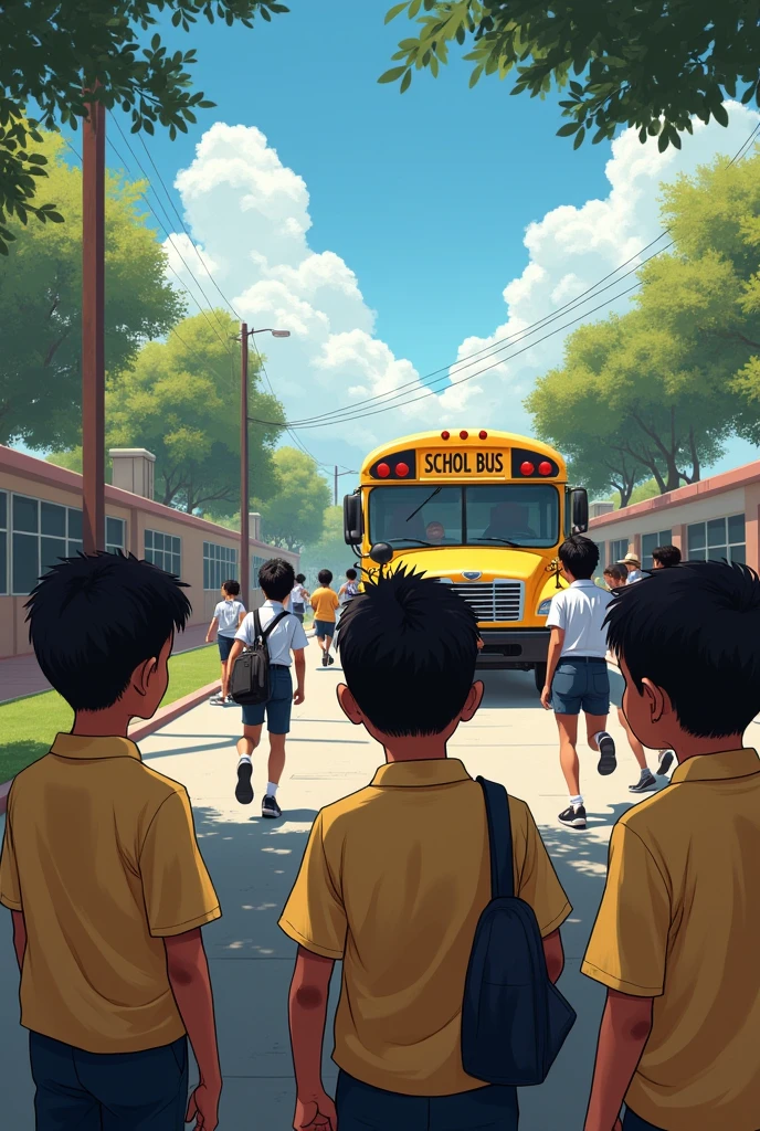 Latin American boys in school uniforms watch as other boys run towards the bus