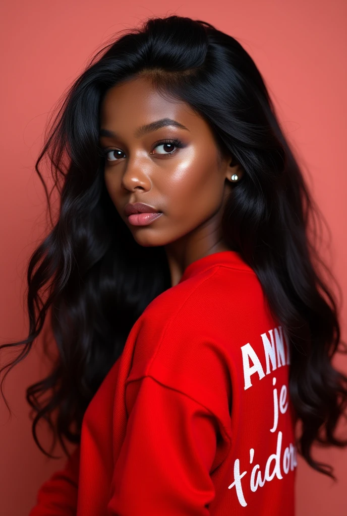 Une fille noire avec de longues méchant, elle porte un pull rouge écrit par derrière ANNY je t'adore 