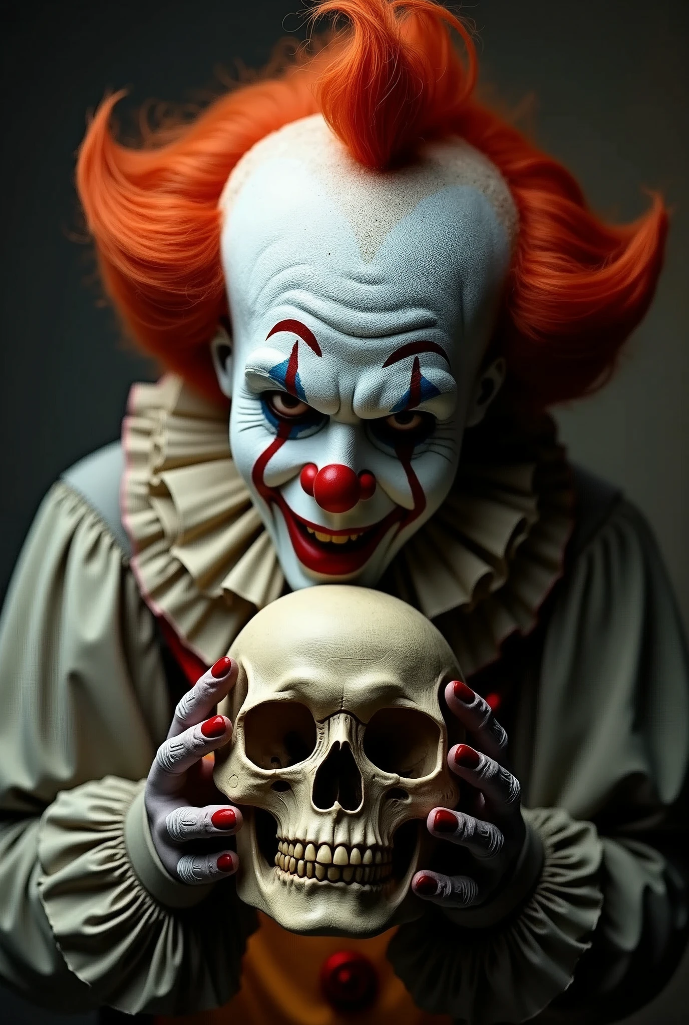 Terrifying clown with skull in his hands