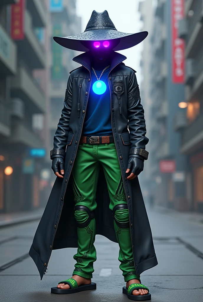 I want a male character with a dark blue hat behind with purple lights coming out of the eye, a dark blue chest with a light blue ball in the middle, green pants with details, a green free fire flip-flop