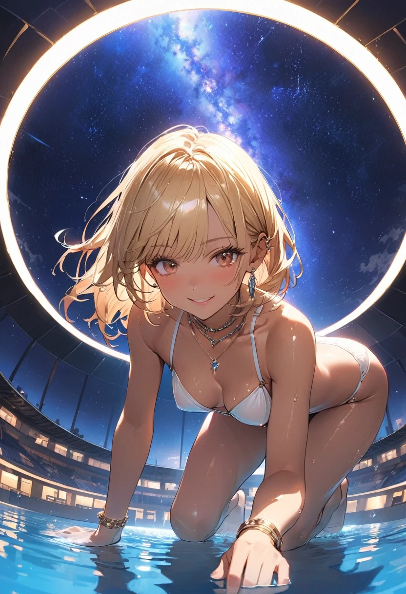(best quality: 1.2, very detailed, high detail, ultra-high resolution, masterpiece: 1.2, top quality, best aesthetic, perfect lighting, best shadow, high contrast, high color saturation, the best natural light), anatomically correct, perfect hands,
((beautiful and attractive girl, 1 girl)), (20 years old),
(white bikini:1.3), micro bikini, gorgeous,
bob cut, shiny blonde hair, bangs, (dark pink inner hair:1.1),
((small head:1.2)), (small face:1.2), slender body, slim, long limbs, medium breasts, tan skin, wet skin, seductive pose, full body, shot from below,
midnight, background, sparkling starry sky, a beautifully illuminated night pool, moonlight, lighting from above,
smile, sensual look, sparkling brown eyes, moist eyes, (finely detailed beautiful eyes: 1.3), (eyelash:1.2),
necklace, piercings, bracelet,
deep depth of field, anime artwork,