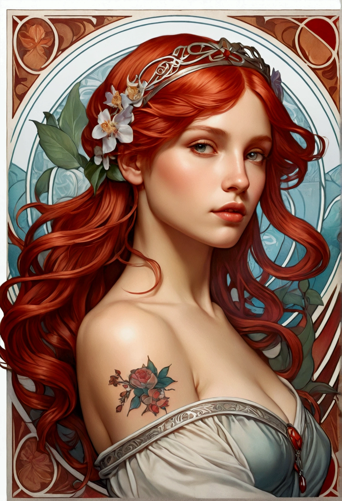 style sticker, sticker with white borders, beautiful shiny sticker, beautiful, Tattoo vibes: I carry my passion stamped on my skin. Imagine a scene of a beautiful young woman, 25 years, red hair with light highlights, with a tattoo on the skin, Bright color, isometric background, blurred background of a tattoo studio, trend art station, 8k, resolution qlta masterpiece, realistic photography, by Alphonse Mucha, by Wlop,  