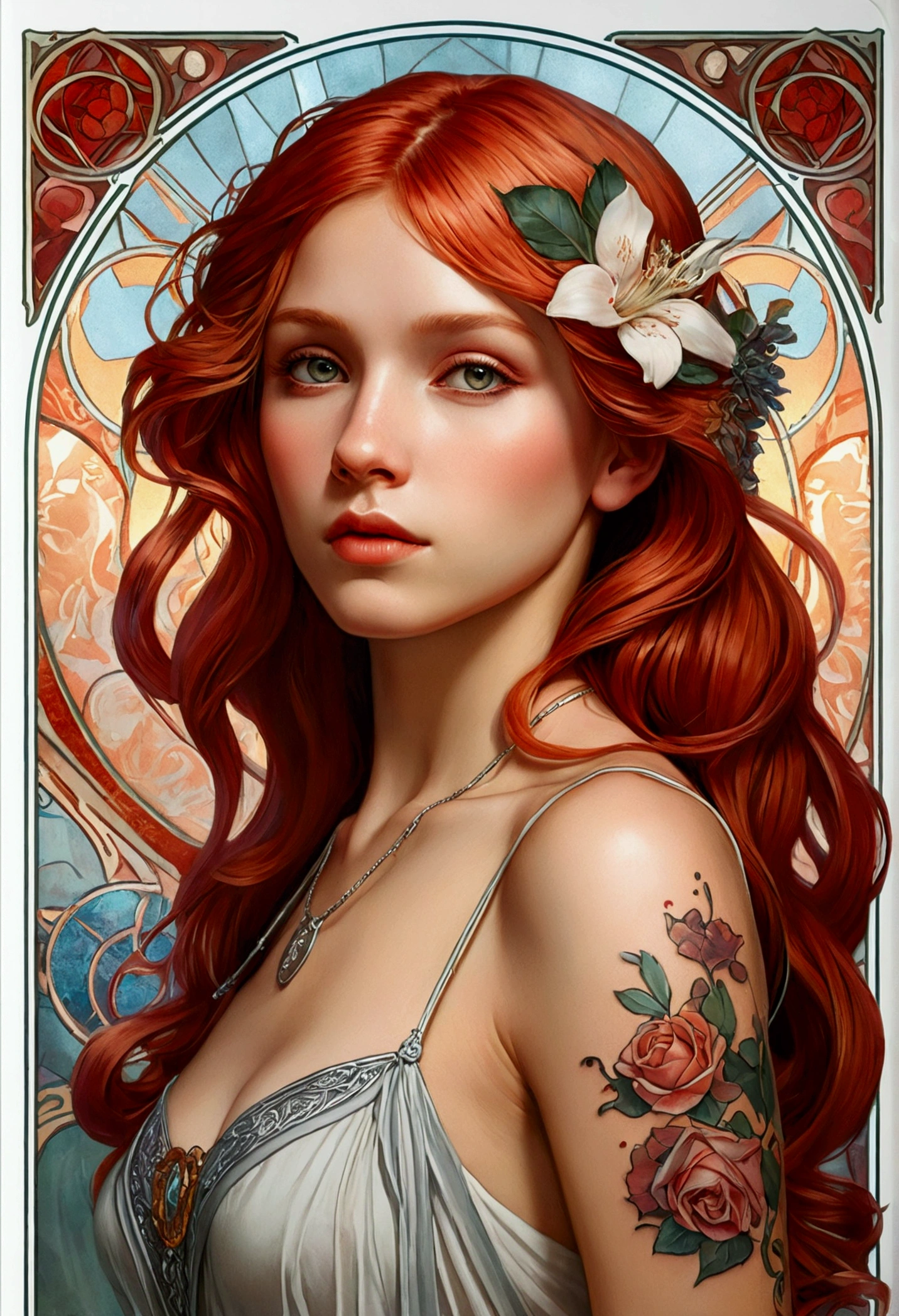 style sticker, sticker with white borders, beautiful shiny sticker, beautiful, Tattoo vibes: I carry my passion stamped on my skin. Imagine a scene of a beautiful young woman, 25 years, red hair with light highlights, with a tattoo on the skin, Bright color, isometric background, blurred background of a tattoo studio, trend art station, 8k, resolution qlta masterpiece, realistic photography, by Alphonse Mucha, by Wlop,