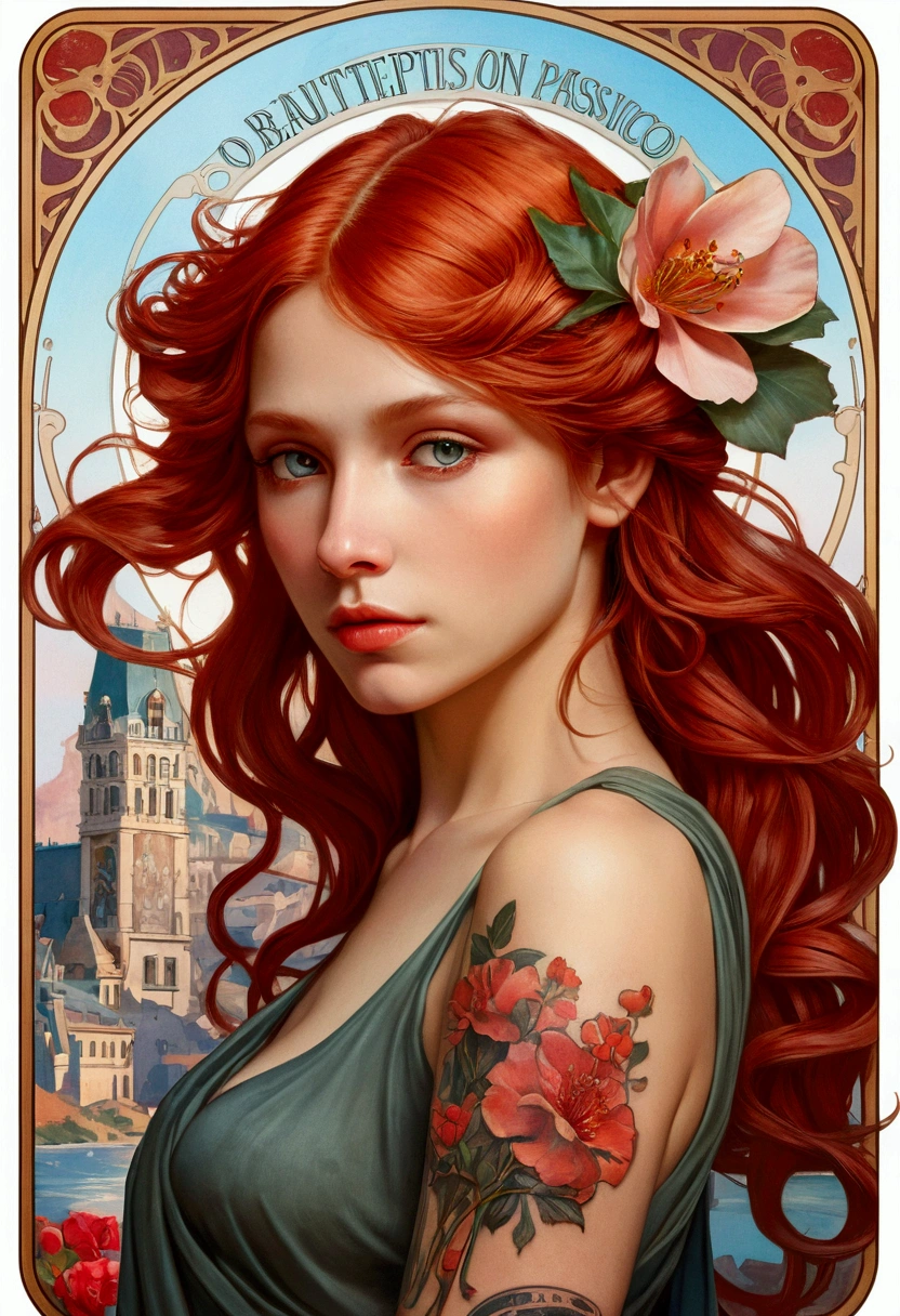 style sticker, sticker with white borders, beautiful shiny sticker, beautiful, Tattoo vibes: I carry my passion stamped on my skin. Imagine a scene of a beautiful young woman, 25 years, red hair with light highlights, with a tattoo on the skin, Bright color, isometric background, blurred background of a tattoo studio, trend art station, 8k, resolution qlta masterpiece, realistic photography, by Alphonse Mucha, by Wlop,