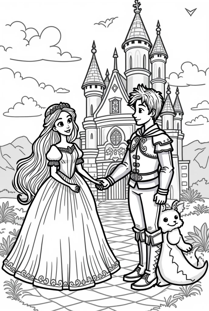 A simple coloring page of a castle, a princess in a pink dress and blonde hair, a prince with prince clothes and brown hair, a witch in a purple dress and black hair and a cute green dragon