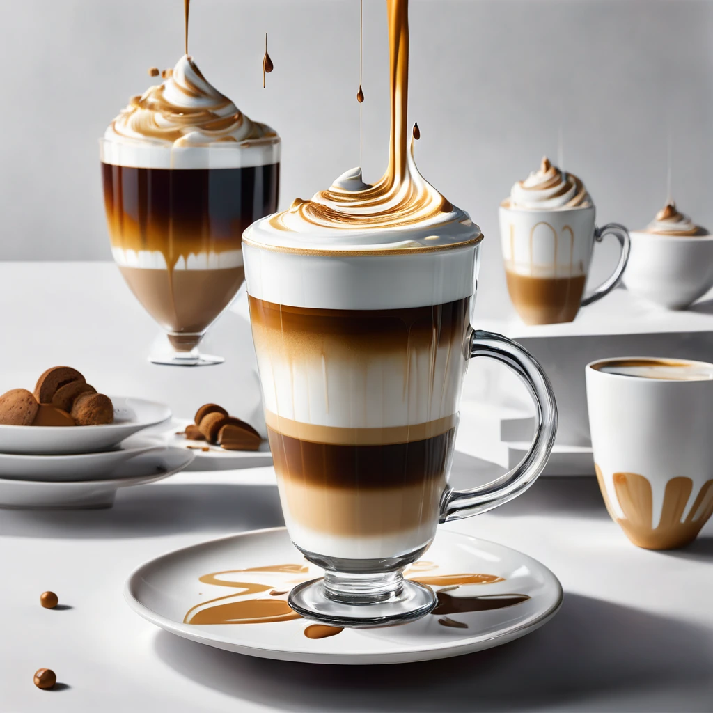 "Visualize an interpretation of a latte macchiato. Break down the shape of the latte macchiato into round shapes and fragmented planes, To capture its movement and energy in a unique and abstract way. Integrate soft colors, to convey a feeling of movement and tension. Play with perspective and layering, to create a multidimensional composition, which questions traditional notions of space and form. Be inspired by the avant-garde spirit of surreal expressionism and see nature in a fresh and innovative light.. Unleash your creativity, as you bring this imaginative scene to life on the screen 