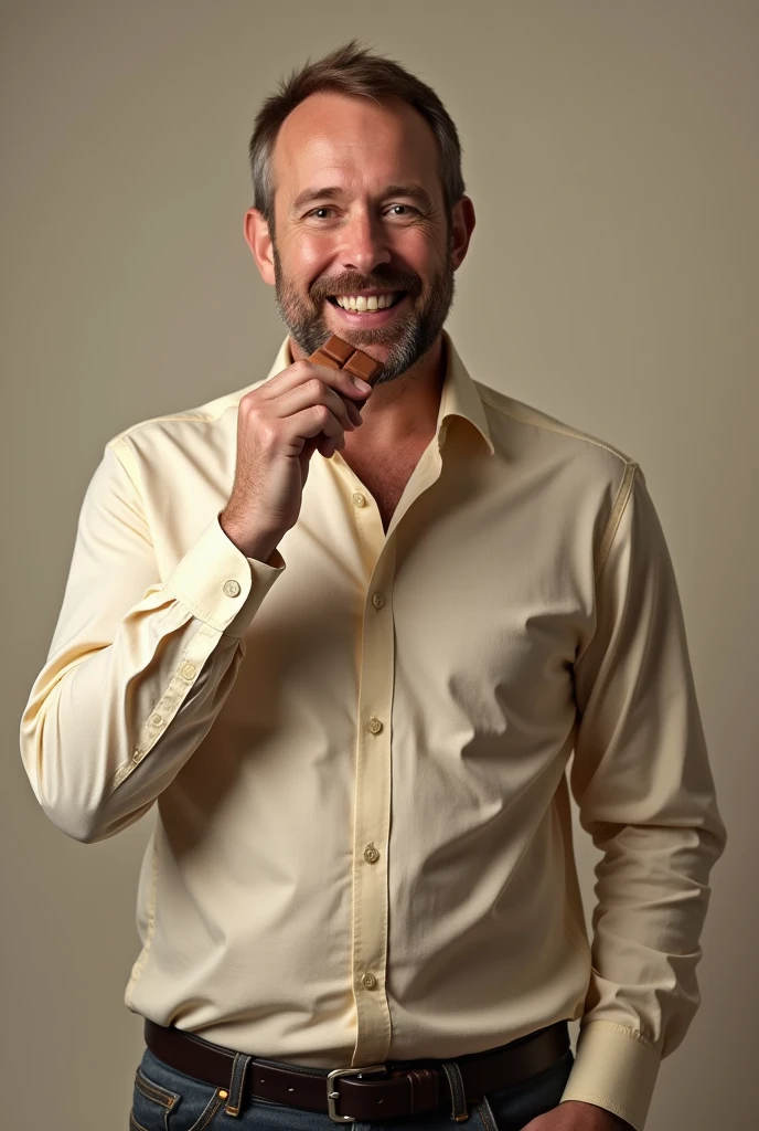 PICTURE REALISTIC, one men, wearing a blouse and pants, showing the body from the waist up, Grinning, eating a small brown candy shaped like a bar without divisions.