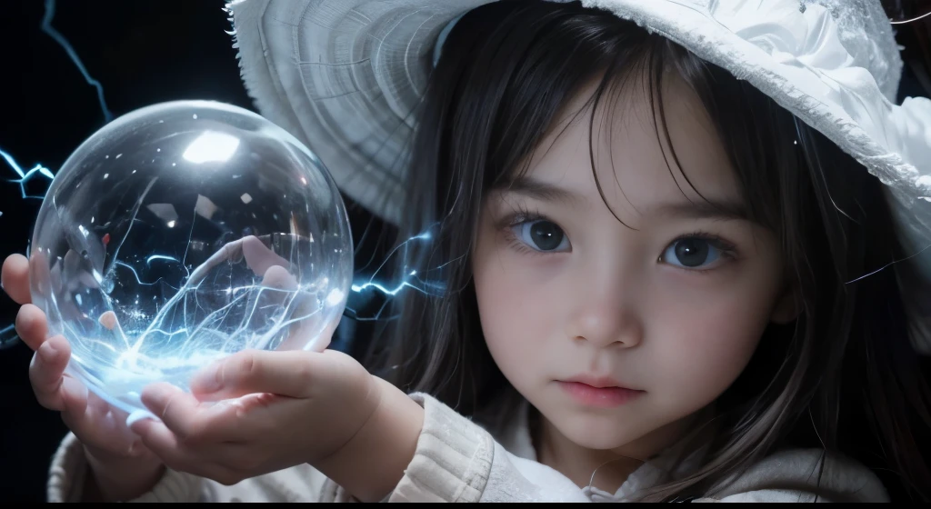 a close up of a  with long hair, LARGE BALL OF ELECTRIFIED ICE IN HANDS. Place a written toy "course.edp"
