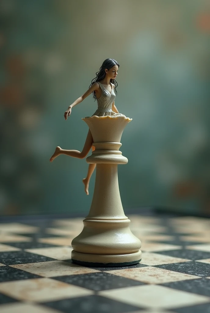 A small woman floats on a chessboard.