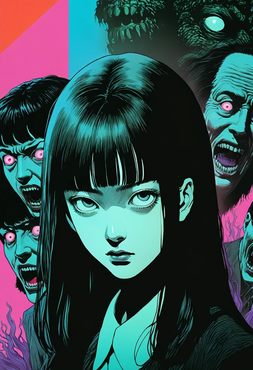 illust、art、from 80s horror movie, directed by Junji Ito、Statue of Fear、high detail, realsitic shadow、Analog style, vhs style, 8mm film, chromatic aberration, Dvd screengrab、Surrealism、Complementary color gradient, black hair man