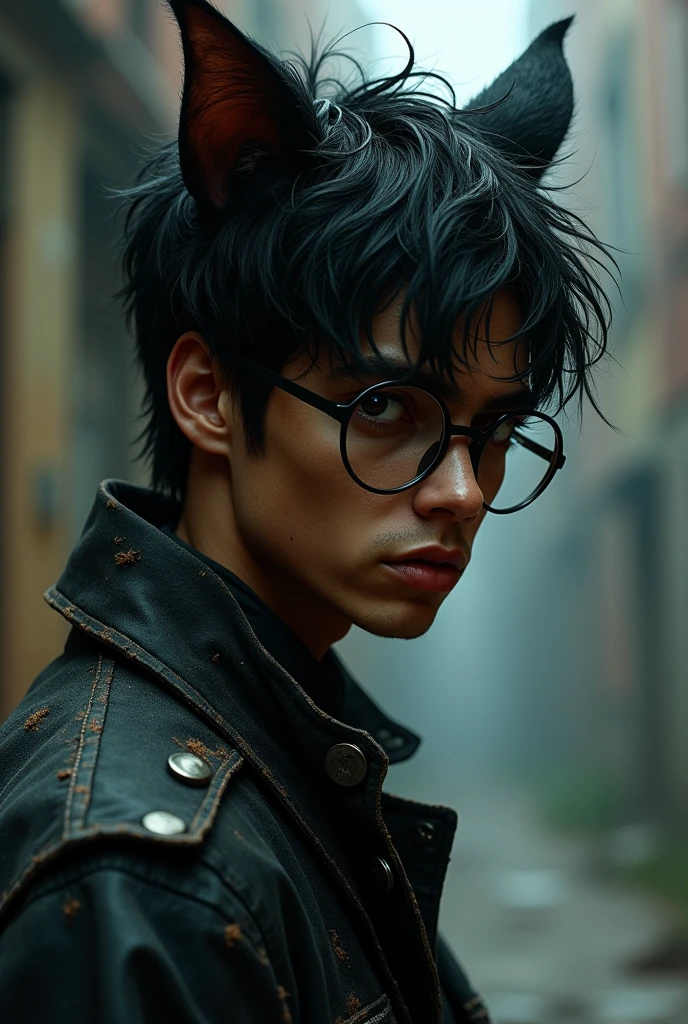 man, cat ears, black hair, black eyes, round glasses, brown skin, medium complexion, and grunge clothing style, intimidating
