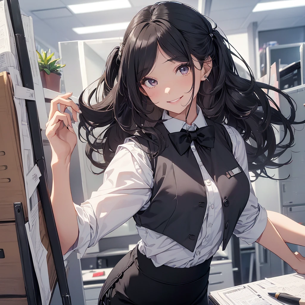 1 girl, Solo, 25 years old, Best Quality, Ultra-detailed, 8K, High resolution, Detailed face, from below, black hair, (((half up))), light smile, happy, (((office leady, office uniform, vest, bowtie, pencil skirt, ID card))), in the office, holding a bundle of papers,