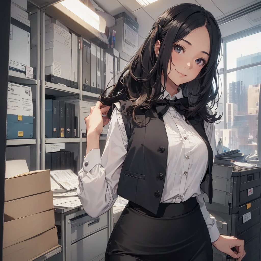 1 girl, Solo, 25 years old, Best Quality, Ultra-detailed, 8K, High resolution, Detailed face, from below, black hair, (((half up))), light smile, happy, (((office leady, office uniform, vest, bowtie, pencil skirt, ID card))), in the office, holding a bundle of papers,