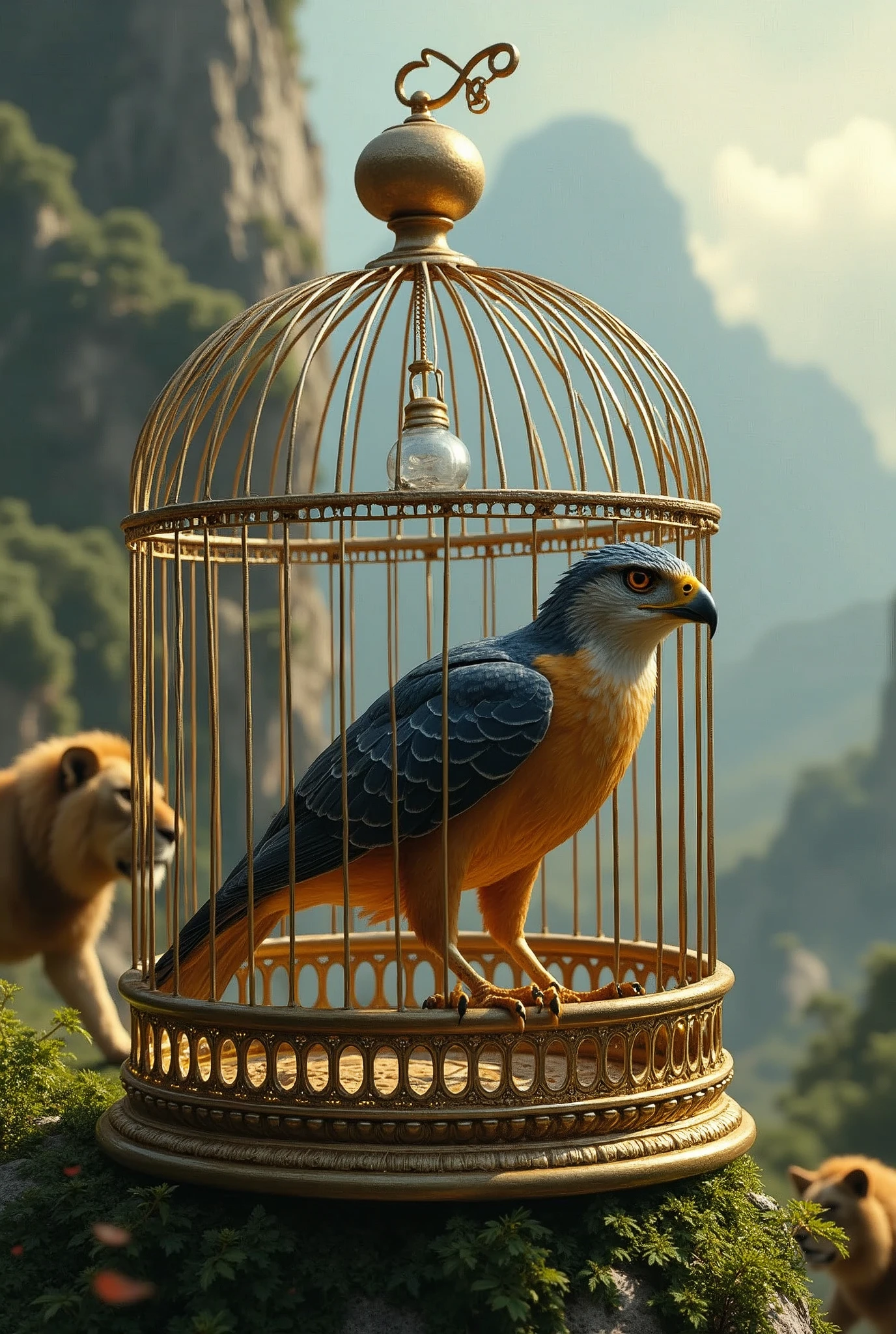 A bird in a cage hunting lions
