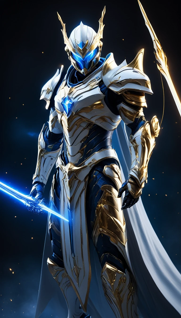 Masterpieces, male, Holy white Knight, (sleek white armor) Action style shot, (no undercloth), Glowing blue colored Christian Cross on breastplate, (Battle Priest in a warframe and halo style armor wielding a bow in one hand with radiant blue light, emanating potent gold light magic.), (Blue half cape), (action shot: holding a bow in one hand), (white, blue and gold color scheme), (5 blue gems on belt), (blue magic effects), white and blue tabard (solid gold color background), (gold magic background effects), centered, full body shot fighting, sci-fi knight, Halo master chief, vibrant colors, visible figure joints, cinematic shot, volumetric lighting, intricate pattern detail, highly detailed