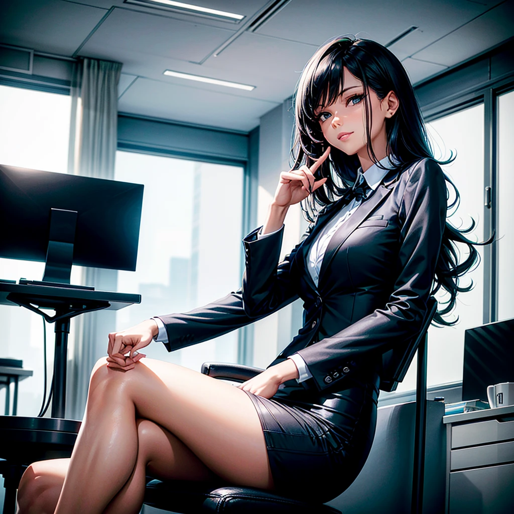 [Core Concept] A confident and stylish young professional woman exuding a sense of poise and self-assurance.

[Character Description] An adult Black woman with a tall, slender build and short, wavy blue hair. Her expression conveys a subtle, smug smile that suggests an air of confidence and self-possession.

[Environment/Background] The scene is set in a large, modern office space, with the woman seated atop a sleek, minimalist desk, surrounded by the trappings of a professional work environment.

[Style and Atmosphere] The overall aesthetic is one of sophisticated, urban chic, with the woman's smart, monochromatic attire and the clean, contemporary office setting creating a refined and polished atmosphere.

[Composition] The woman is centrally positioned, her confident posture and casual, seated pose commanding the viewer's attention and conveying a sense of authority and control.

[Details and Embellishments] The woman's untied black tie and the minimalist, yet stylish, office setting add subtle touches of understated elegance and attention to detail.

[Technical Specifications] The image should be rendered in a high-resolution, photorealistic style that captures the nuances of the woman's expression, the textures of her clothing and hair, and the clean, modern aesthetic of the office environment.