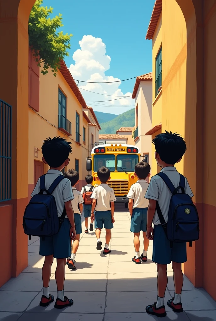 Latin American boys in school uniforms watch from an alley as other boys run towards the bus
