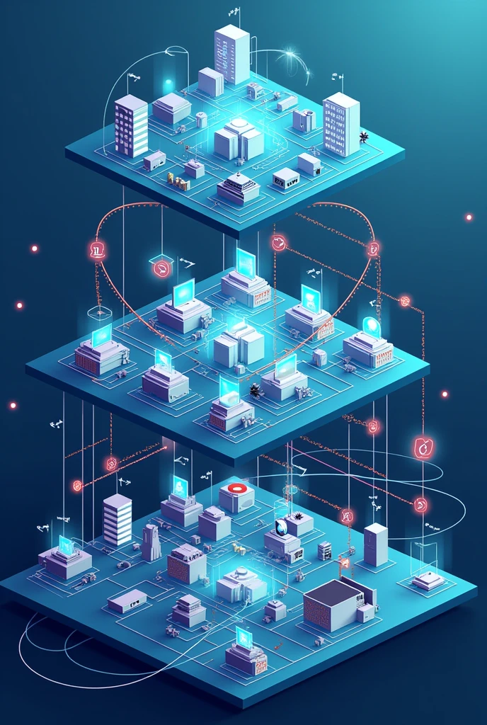 Draw a graphical representation that shows the connection between LAN networks, MAN e WAN. A LAN should be illustrated as a set of computers and devices connected to a single router within a building.. MAN must connect several of these LANs in different buildings, representing a city. The WAN must encompass multiple MANs, connecting them into a larger map, representing different cities or countries, symbolizing a network with global reach