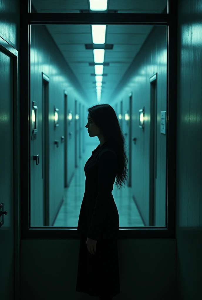 woman at a window in a long business hallway with terrifying experiments
