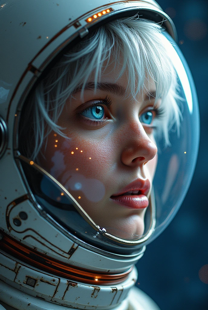 (Close-up of a better masterpiece:1.5)0.9], (Space and astronauts:1.2) (Messy silver hair:1.1) (Heterochromia xanthochromia and blue eyes:1.2) (Space Helmet:1.0) (Colored stars in the eyes:1.0) (A radiant glow:1.1) (thick lips:0.9)