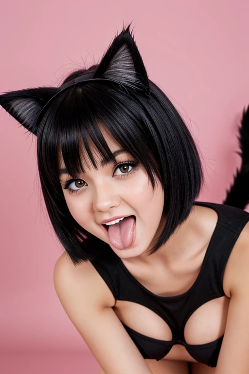 1girl, Short Hair, Black Hair, small Breasts, Open Mouth, Cat Ears, cat tail Fang, Tongue Out, Photorealistic, wearing brassier