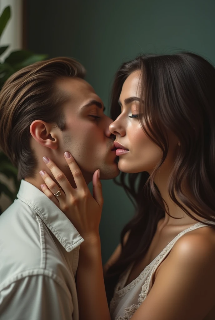 A WOMAN WITH HER MOUTH KISSING A MAN