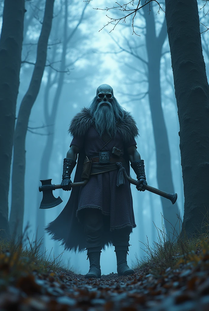 the best quality, very high resolution, detailed 4K CG, Artwork, skeletor, tall trees, blue sky, Norse mythology, runes, beautiful aesthetic, cute photo, centered on screen, traveler clothes, two axes, dark weather