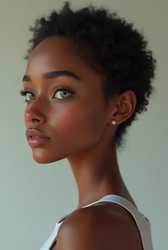 Create an artificial Colombian woman round face green eyes profile Slim African American blue eyes
