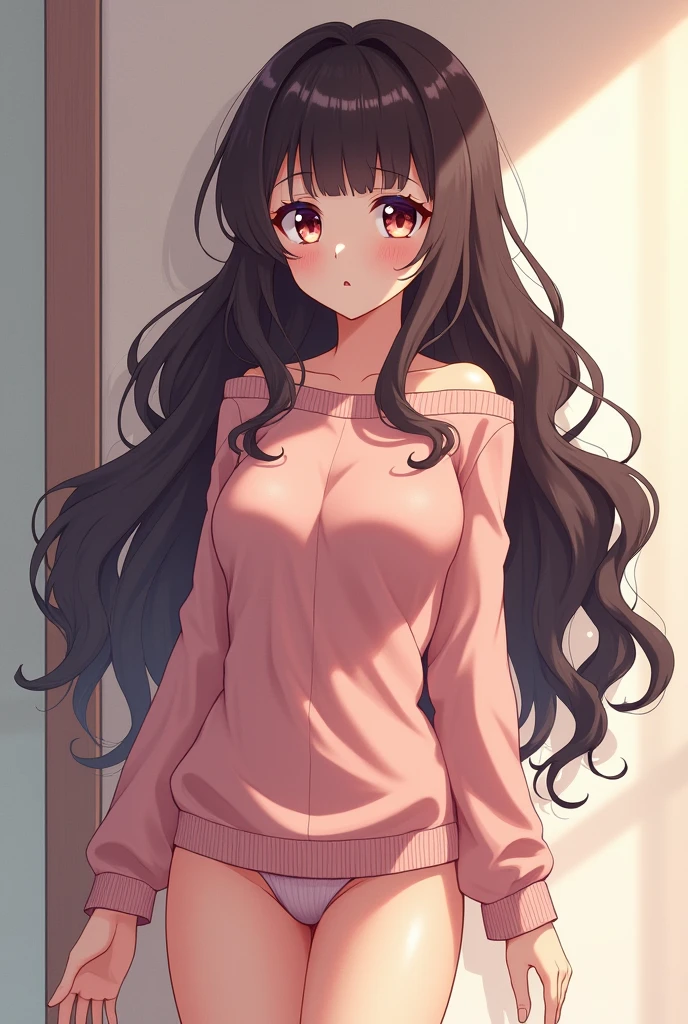 Beautiful girl with wavy long hair, ((Anime)) ,sweater, naked,Big ass, and a dick is inside of the girl