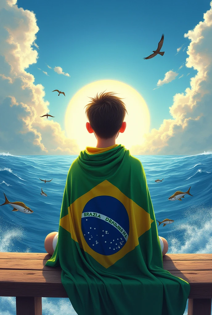 Brazilian flag surrounding a boy inside a bench on the high seas with a bright sun in the background and birds in the clouds and fish jumping