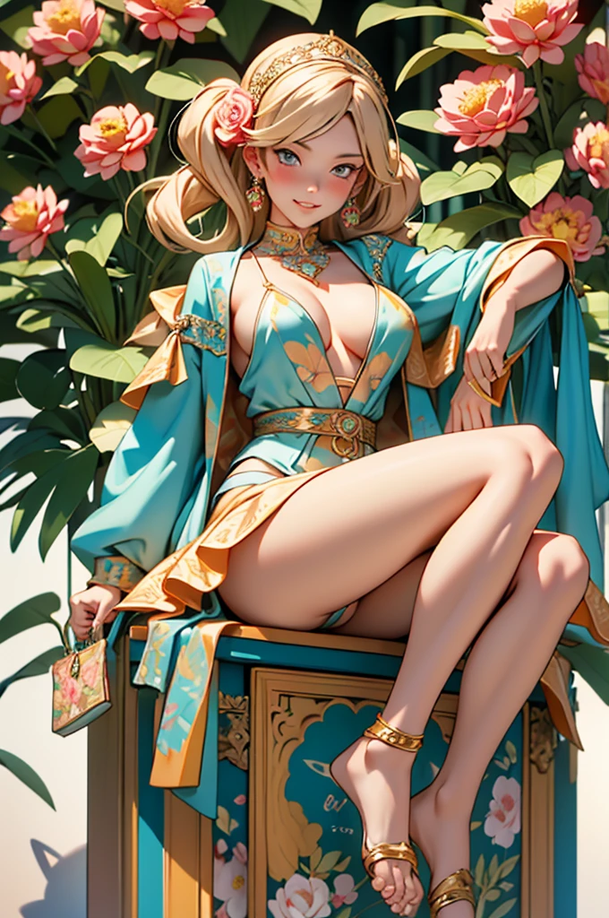 paint a decorative painting,young woman in bikini,(Riding on a toy horse:1.8,),The desire to be satisfied,Bright and harmonious colors,(Decorative painting:1.6),dressed in:Sexy bikini,Seduction pose,laced dress))),((Sexual suggestiveness)),(legs are open,spread their legs),Correct anatomy,Elaborate Eyes,delicated face,Large breasts, Large breasts,elaborate earrings,simple backgound,There are many cameras around,flowers blooming, (s fractal art: 1.3),
