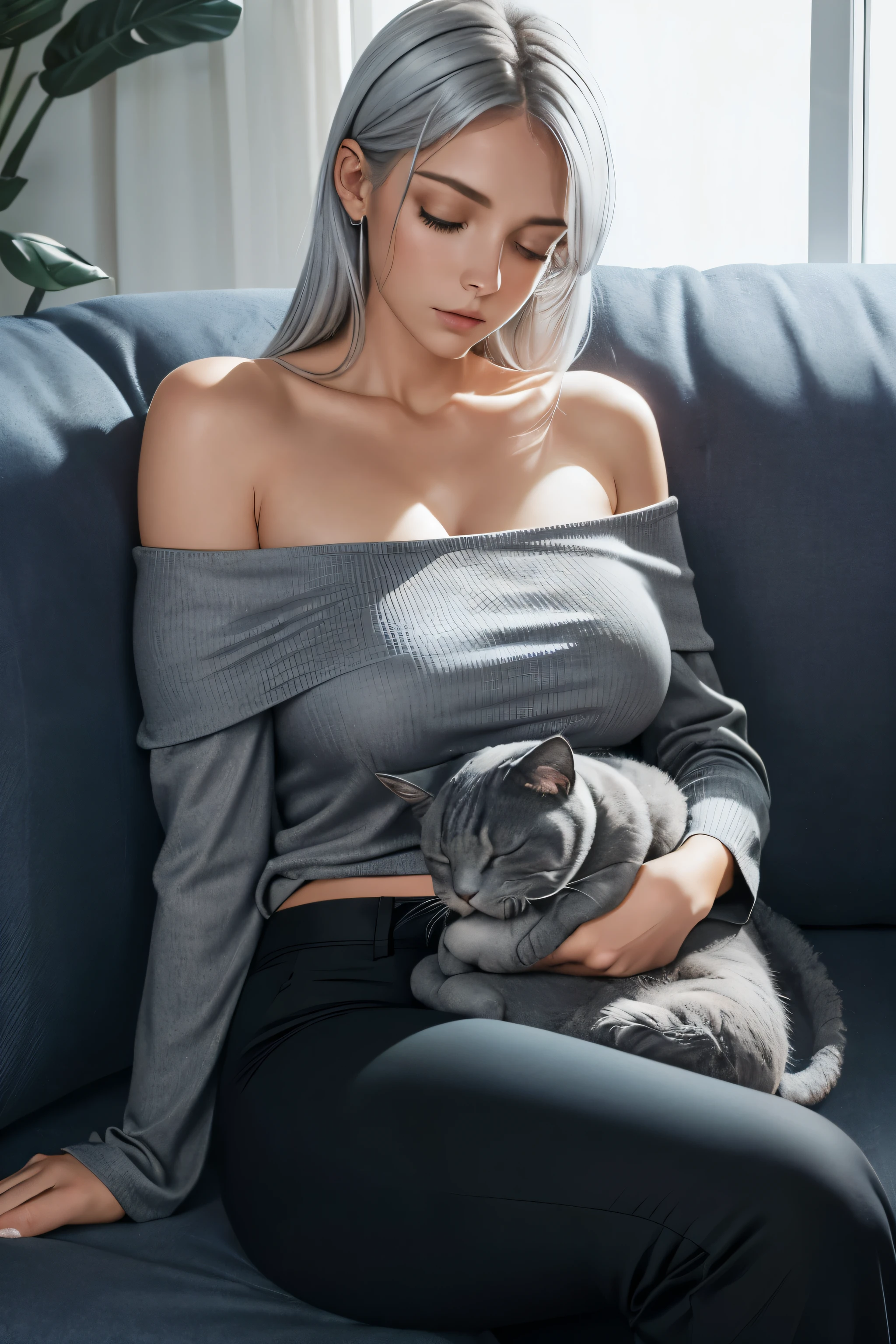Woman, Silver Hair, Blue Eyes, Large Breasts, Black Pants, Black Off-Shoulder Top, ((Sitting on couch with a Gray Cat sleeping on her lap)), sleeping Cat