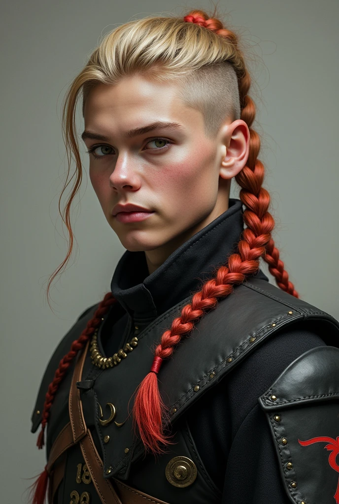 viking look, male, younger than 20 years, no beard, longer hair, blonde with shaved sides, some braided tails, small amount of hair partly colored in vibrant red, wearing modern black military uniform, portrait