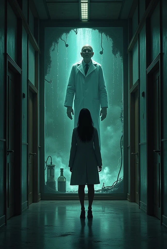 woman at a window in a long business hallway with terrifying experiments an older man scientist