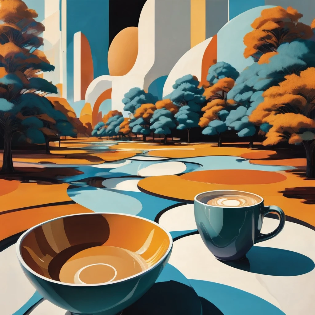 "Visualize an interpretation of an espresso . Break down the shape of the espresso into round shapes and fragmented surfaces, To capture its movement and energy in a unique and abstract way. Integrate soft colors, to convey a feeling of movement and tension. Play with perspective and layering, to create a multidimensional composition, which questions traditional notions of space and form. Be inspired by the avant-garde spirit of surreal expressionism and see nature in a fresh and innovative light.. Unleash your creativity, as you bring this imaginative scene to life on the screen 