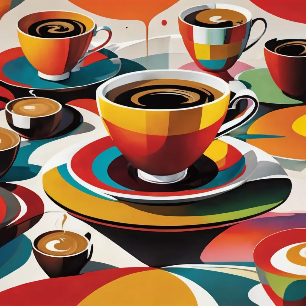 "Visualize an interpretation of an espresso . Break down the shape of the espresso into round shapes and fragmented surfaces, To capture its movement and energy in a unique and abstract way. Integrate soft colors, to convey a feeling of movement and tension. Play with perspective and layering, to create a multidimensional composition, which questions traditional notions of space and form. Be inspired by the avant-garde spirit of surreal expressionism and see nature in a fresh and innovative light.. Unleash your creativity, as you bring this imaginative scene to life on the screen