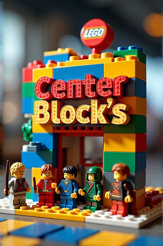 Lego from my lego store with the name "center block's " I would like the logo to be made with some Lego pieces please, make it a little more fun, put some already assembled legos on the bottom, como Harry Potter, ninjago, StarWars