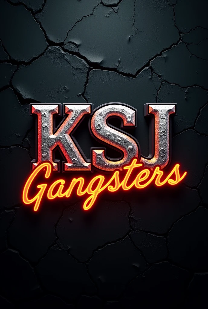 Full HD image with a text that says "KSJ" and down "Gangsters" and the letters are shiny silver with a very strong neon orange outline and the background is dark with cracks