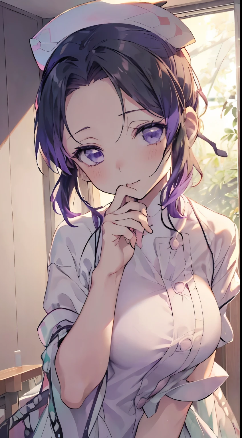 (nsfw), demon slayer,_kochou shinobu,(((((nurse uniform))))), ((((White nurse uniform)))), One-piece, (((((nurse))))), whole body, shy, hospital, Ultra-realistic 8K CG,masterpiece,, ((Highly detailed background,Delicate pattern,Intricate details, Fine and beautiful eyes)),The best quality in the best condition,とてもとてもとても詳細なface, Highly detailed eyesとface,Highly detailed eyes,kochou shinobu,Multicolored Hair,No bangs,Hair Intake,, Purple eyes,,butterfly,band,(熱band庭園:1.2),Purple Flower,mostly cloudy null,Tyndall effect,slope_null,face,beautiful null,,Seductive posture,(Medium chest:1.3), woman,