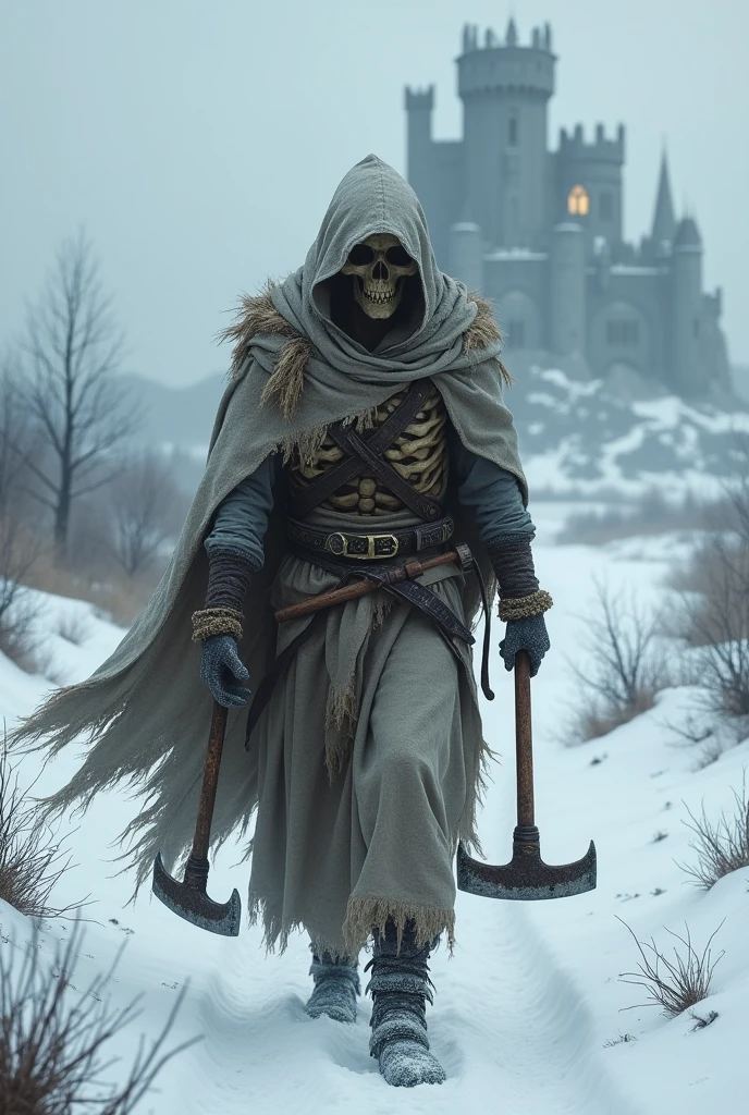 A half-human skeleton, in traveler's garb, holding two axes, concept art, Road to the castle background, d&d art, horror, mitologia nórdica, neve,