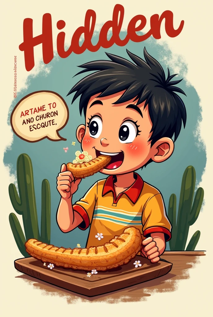 Create a logo of a boy enjoying some churro esquites and you can put a text balloon saying " hidden delights" The best