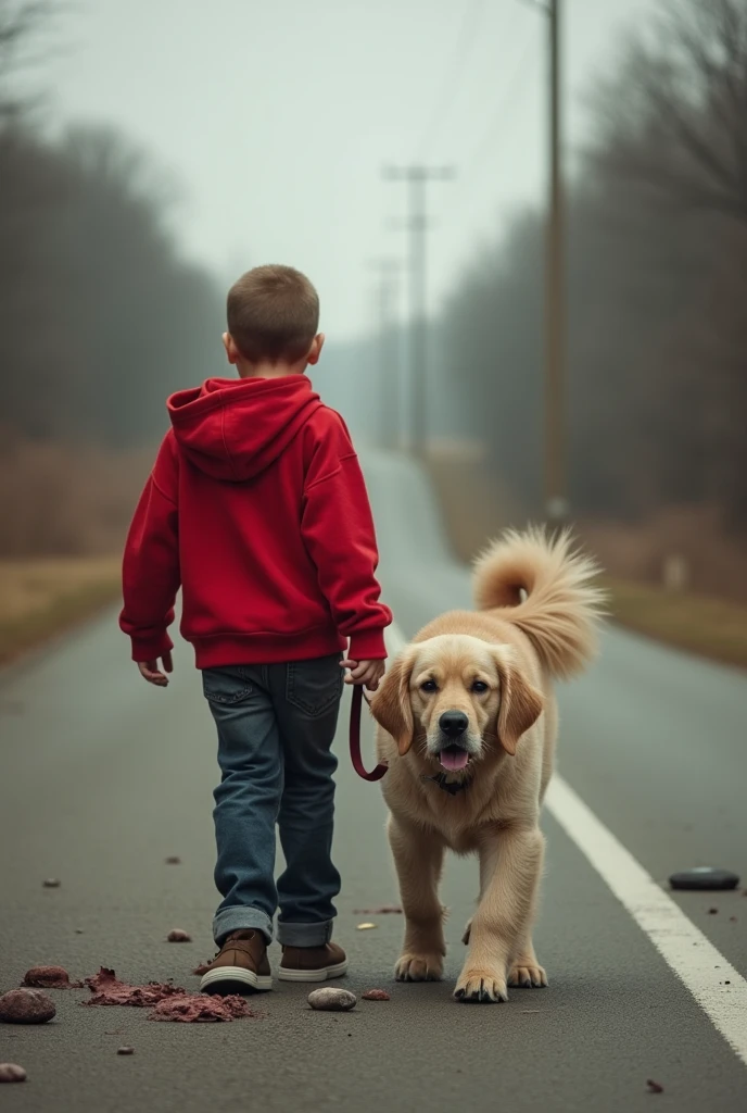 boy walking on a road in a red sweatshirt with his dog and a zombie on the ground