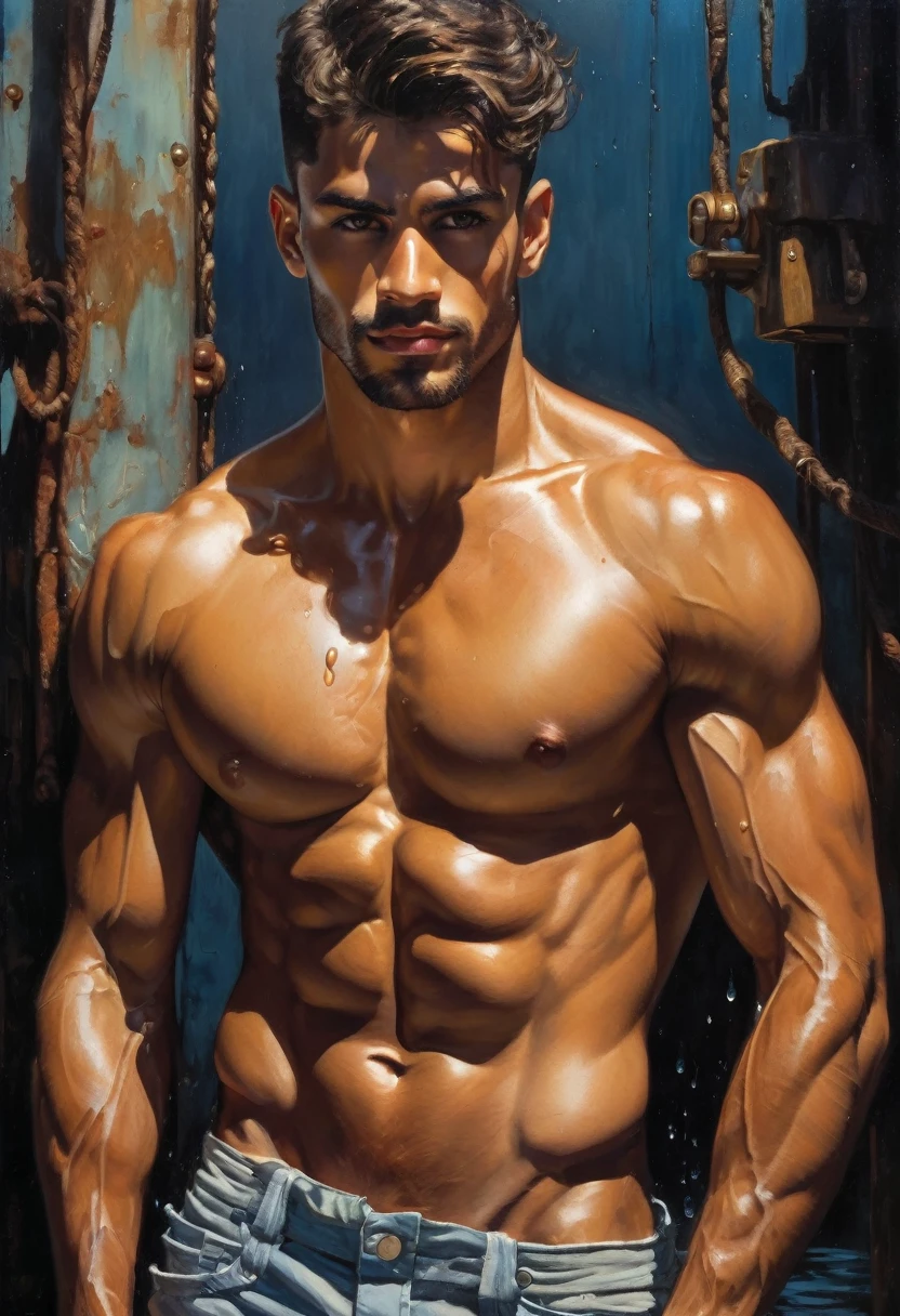 ((fullbody_homoerotism_nsfw) 

reflect the strength and masculinity of latino , 20 years old, workers shirtless, barefoot, Caucasian ethnic physical characteristics

1.	Industry: Oil
Background: Offshore oil platform.
Leg Position: Spread apart, in a balanced stance.
Arm Position: One arm lifting a heavy tool, the other resting on the hip.
Action: Adjusting a valve.
Color Palette: Metallic tones and dark blues.
Facial Expression: Focused and determined.
Model’s Facial and Physical Characteristics: Angular face, stubble beard, muscular.


generate the image with atmosphere of enthusiasm (( Highlight the rippling muscles smiling, their bodies glistening with droplets. The focus should be on the men's powerful physique, the background should be blurred to create a sense of movement and energy. evoking the strength, symmetry, beauty of the male body.)) by Aaron Horkey and Jeremy Mann, masterpiece, best quality, Photorealistic, ultra-high resolution, photographic light, illustration by MSchiffer, fairytale, Hyper detailed A mixture of photography and painting, simetryc Composition, Perfect Divine Proportione, 8k resolution fullbody image, oil painting intense dark colors palette A young man, cinnamon  skin, latino, smoth body, thin face, straight nose, thin lips, square chin, large light black eyes, short black wavy hair, in roberto ferri style, aesthetic slim athletic body, realistic skin, gorgeous, detailed tonned muscles, barefoot, perfect anatomy, muscled fitness body, Young man, perfect anatomy, , energetic splendid, Barefoot, naked, small flacid penis, slim and detailed muscles, shirtless, pantless, fullbody, wearing sandals, the composition of shadows and lights give an atmosphere of spaciousness