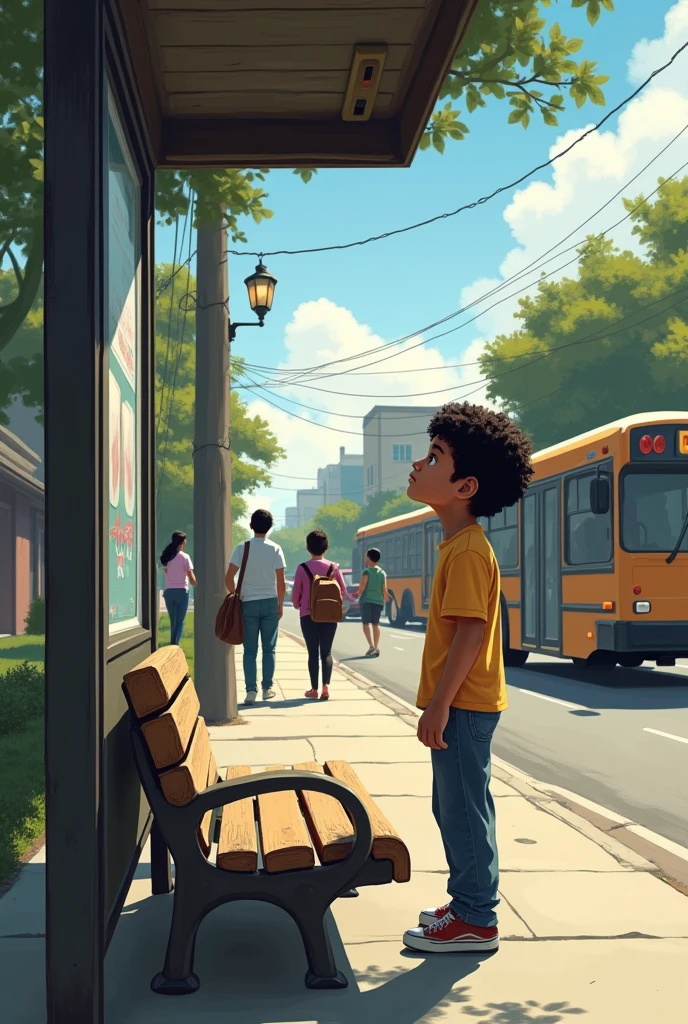 A Latino boy looking from afar at the bus stop with people going to school
