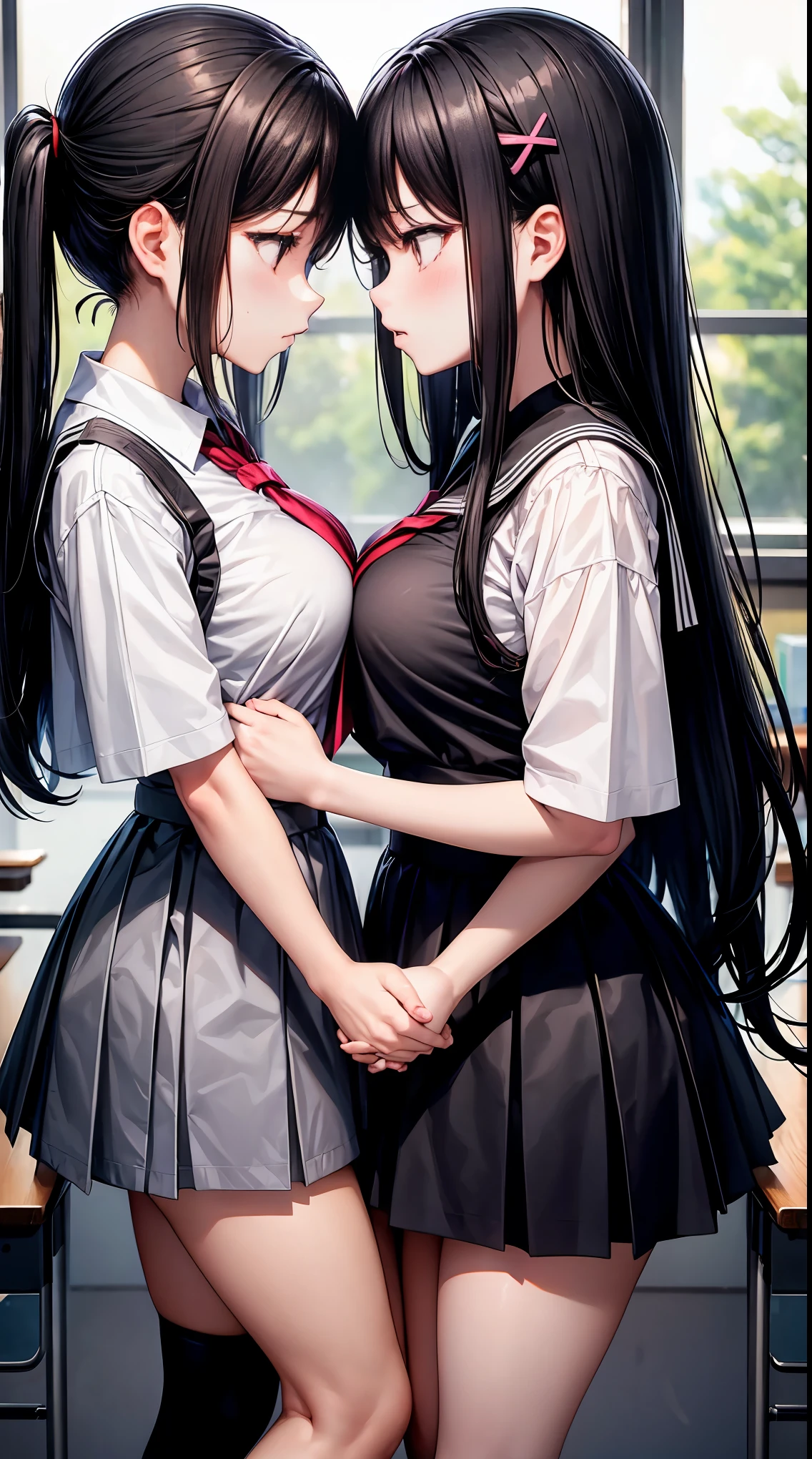 Two age girls,Angry expression,Equal height,In the classroom,Black and blonde hair,Face to face, staring at each other,Embrace each other,The two objects are close to each other,kiss、Photo of the two of them、Holding hands and facing each other、向かい合うPhoto of the two of them、Push each other、Stick your boobs together、Super big breasts、uniform、high school girl