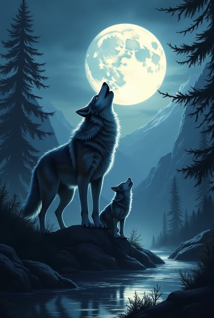 Adult wolf and cub howling at the moon