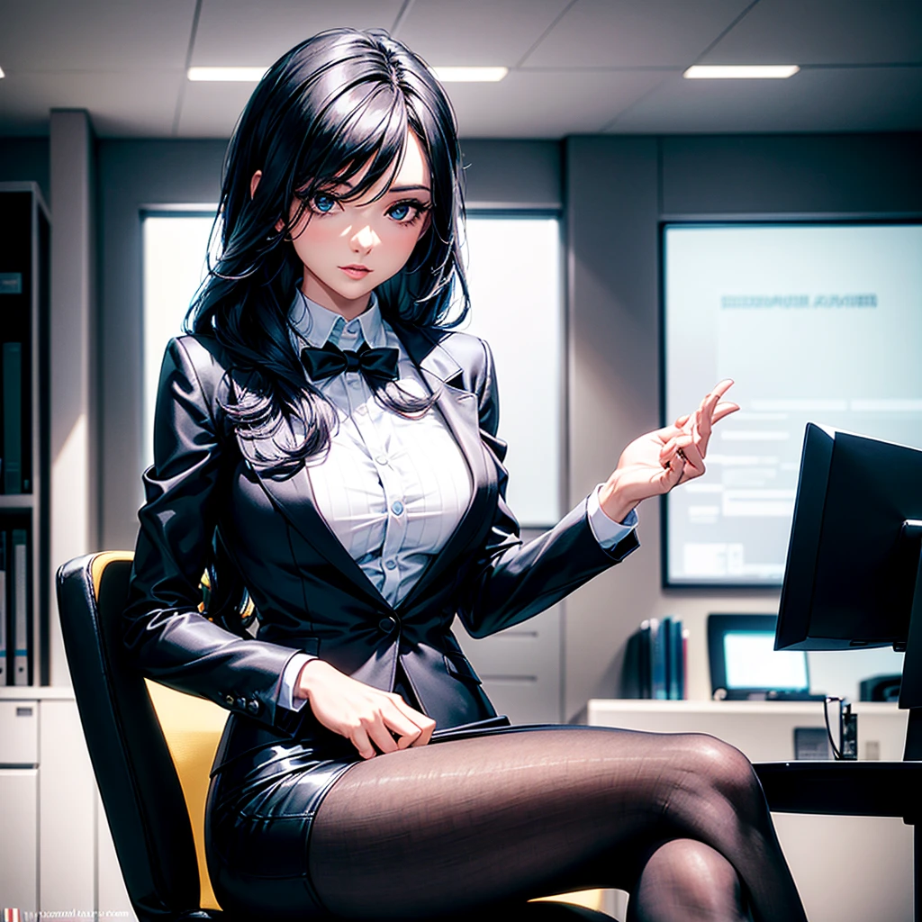[Main concept] A confident and elegant young businesswoman who exudes a sense of poise and self-assurance. [Character Description] A young adult skinned woman with a tall, slender build and short, wavy blue hair. His expression conveys a subtle, cocky smile that suggests an air of confidence and self-possession. [Settings/Background] The scene takes place in a large, modern office space, with the black woman sitting atop a sleek, minimalist desk, surrounded by the trappings of a professional work environment. [Style and atmosphere] The overall aesthetic is one of urban and sophisticated elegance, with the woman's sleek, monochrome attire and the clean, contemporary office environment creating a refined and refined atmosphere. [Composition] The woman is in a central position, her confident posture and casual, sitting pose attract the viewer's attention and convey a sense of authority and control. [Details and embellishments] The woman's untied black tie and minimalist yet elegant office setting add subtle touches of understated elegance and attention to detail. [Technical Specifications] The image must be rendered in a high-resolution photorealistic style that captures the nuances of the woman's expression, the textures of her clothing and hair, and the clean, modern aesthetic of the office environment.