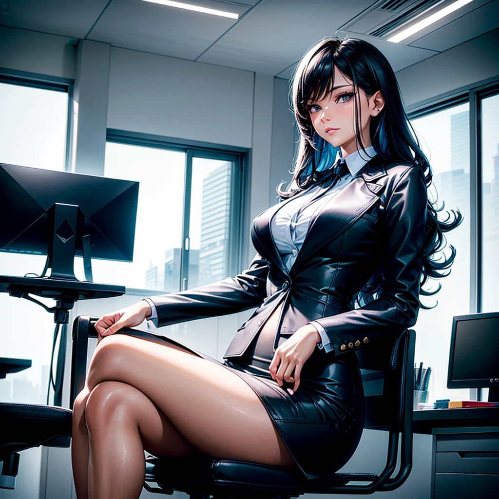 [Main concept] A confident and elegant young businesswoman who exudes a sense of poise and self-assurance. [Character Description] A young adult skinned woman with a tall, slender build and short, wavy blue hair. His expression conveys a subtle, cocky smile that suggests an air of confidence and self-possession. [Settings/Background] The scene takes place in a large, modern office space, with the black woman sitting atop a sleek, minimalist desk, surrounded by the trappings of a professional work environment. [Style and atmosphere] The overall aesthetic is one of urban and sophisticated elegance, with the woman's sleek, monochrome attire and the clean, contemporary office environment creating a refined and refined atmosphere. [Composition] The woman is in a central position, her confident posture and casual, sitting pose attract the viewer's attention and convey a sense of authority and control. [Details and embellishments] The woman's untied black tie and minimalist yet elegant office setting add subtle touches of understated elegance and attention to detail. [Technical Specifications] The image must be rendered in a high-resolution photorealistic style that captures the nuances of the woman's expression, the textures of her clothing and hair, and the clean, modern aesthetic of the office environment.
