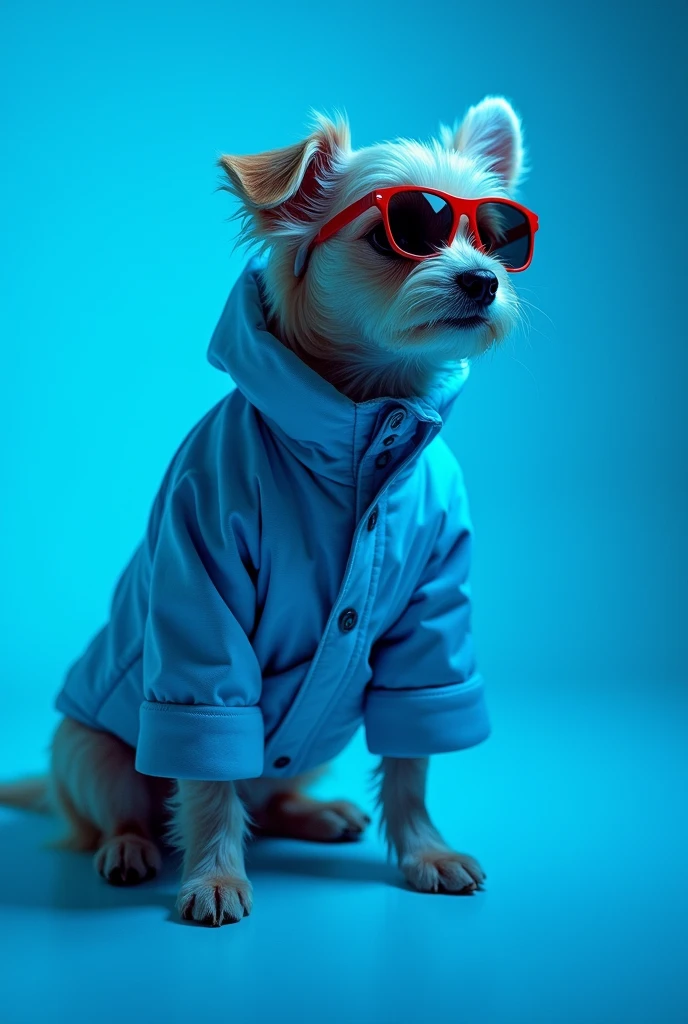 The best cell phone wallpaper, Award-Winning Wallpaper, portrait photography, In the front view is a portrait of a cute dog wearing mid-1960s space age fashion, Side view photo, Shot with Canon EOS R5, Set a strong contrast that accentuates the subject, Fluorescent blue tone, Wearing a very modern coat and sunglasses is a modern 1960s style, Clothes all in one color, beautiful background