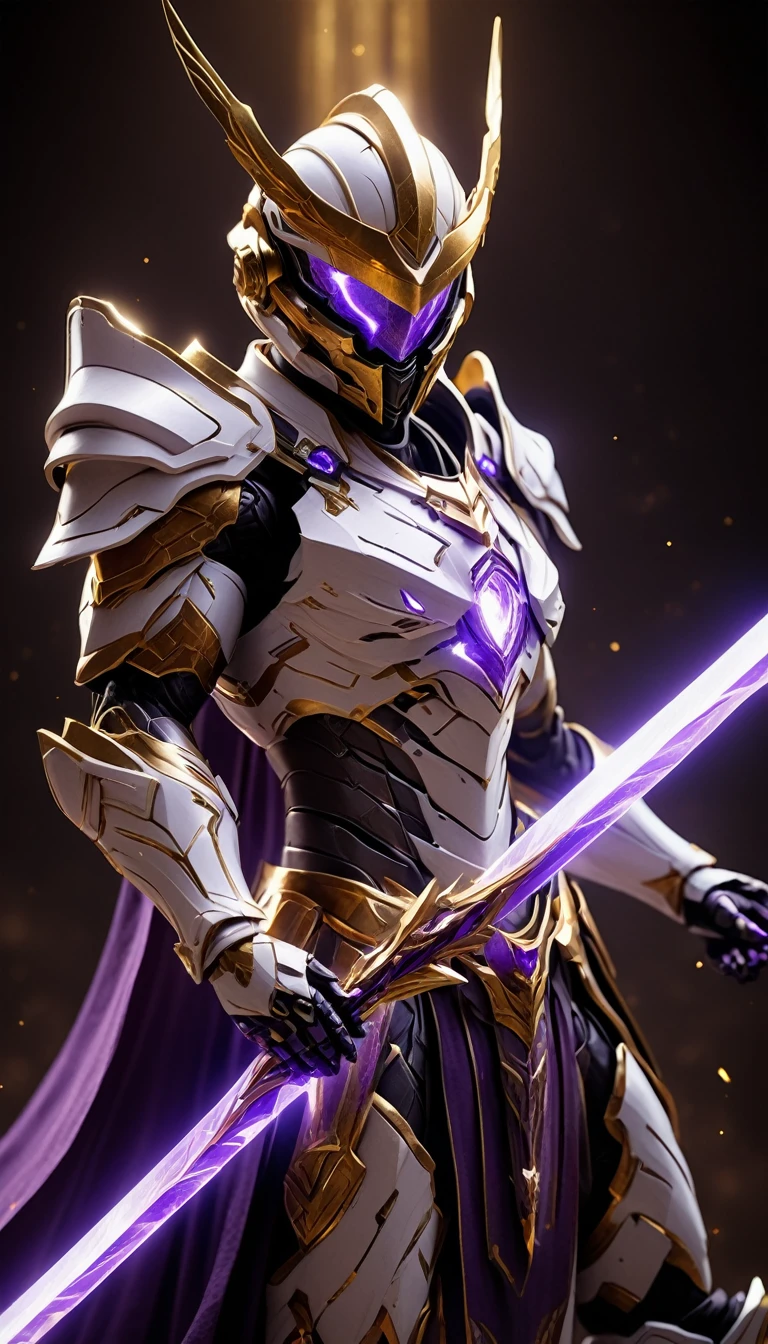 Masterpieces, female, Holy white Knight, (white armor) Action style shot, (no undercloth), Glowing purple colored Christian Cross on breastplate, (Battle Priest in a warframe and halo style armor wielding a sword with radiant purple light, emanating potent gold light magic.), (purple half cape), (action shot: hefting a sword), (white, purple and gold color scheme), (5 purple gems on belt), (purple magic effects), white and purple tabard (solid gold color background), (gold magic background effects), centered, full body shot fighting, sci-fi knight, Halo master chief, vibrant colors, visible figure joints, cinematic shot, volumetric lighting, intricate pattern detail, highly detailed
